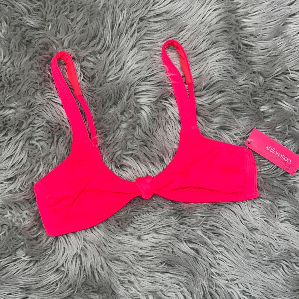 Coral Neon Pink Ribbed Twist Knot Front Bikini Top
